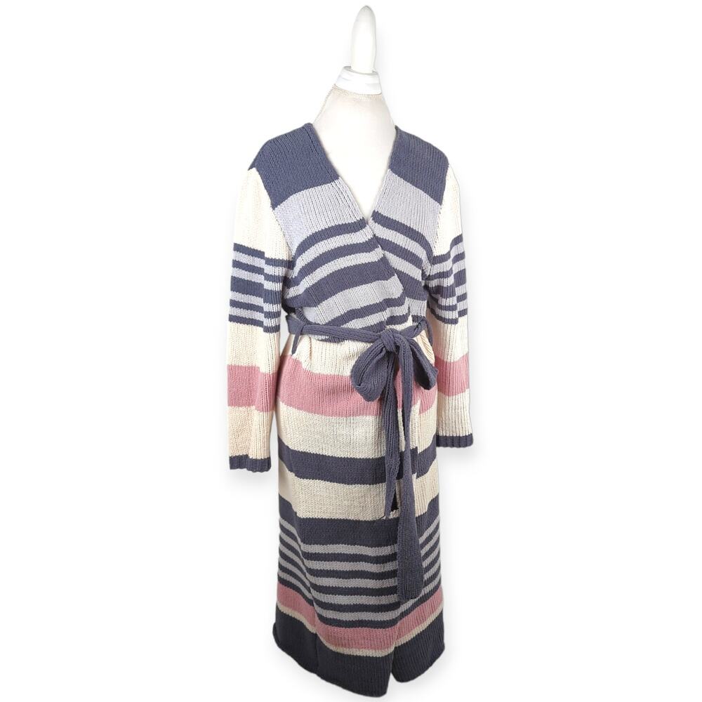 ACOA Cream Gray Pink Color Block Chenille Duster Cardigan Wrap‎ Sweater Size XL